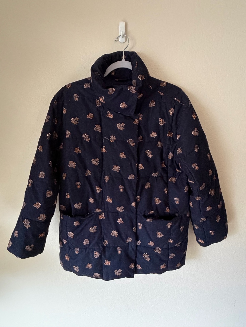 Madewell Navy Corduroy Quilted Puffer Jacket with Pink Floral Print